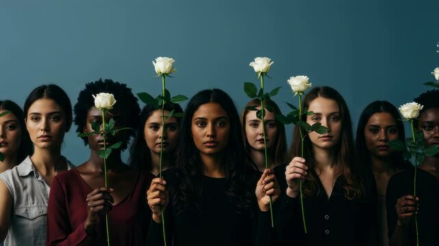 Women holding white roses together: unity and strength in diversity