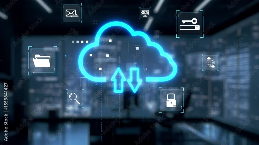 Poster a robotic hand points at a neon blue cloud graphic, symbolizing data upload and digital connectivity