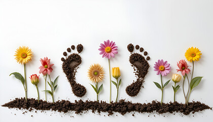Footprints of soil and blossoming flowers create a garden of sustainability and growth, symbolizing earth, environment, and springtime.