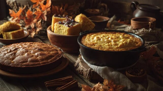 Cozy autumn feast with homemade corn casserole, cornbread, and apple cake on a rustic wooden table. Traditional Thanksgiving comfort food in a warm, dark, still life setting.

