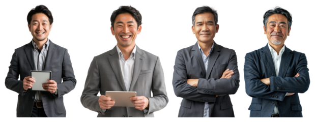 PNG Four men in business attire, smiling and holding tablets photo transparent background.