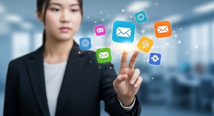 Asian businesswoman touches social media icons on virtual display in a technology office, depicting modern communication.