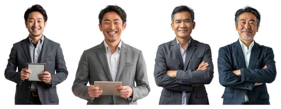 PNG Four men in business attire, smiling and holding tablets photo transparent background.