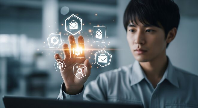 Focused young professional interacts with a futuristic interface displaying business applications for modern workflow solutions. - Powered by Adobe