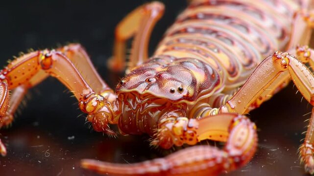 Close-up orange-brown scorpion or solifuge with a circular pattern on its back, its head and hairy legs clearly visible, against a dark, blurry background and lighting that brings out the texture.