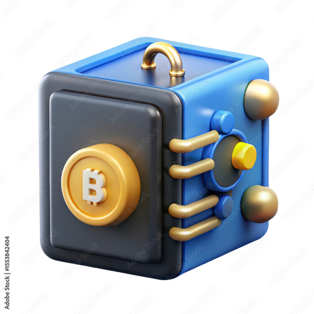 Poster blue safe box with bitcoin symbol 3d rendering icon solated on white background for crypto security