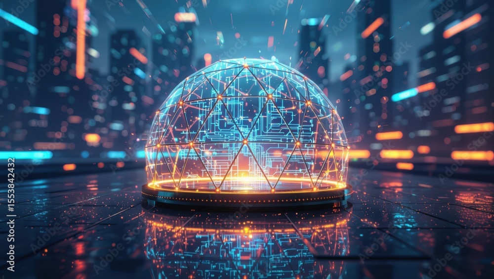 Poster futuristic geodesic dome with glowing circuitry and data streams against a blurred cityscape backdro