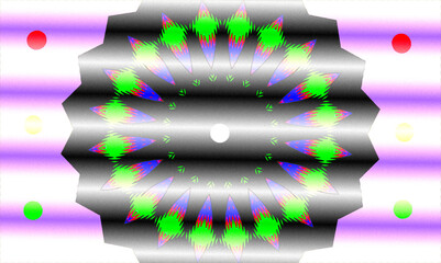 "Vibrant digital mandala with green and red geometry radiates symmetrically on a purple-white gradient. Corner circles echo the central motif, enhancing balance."