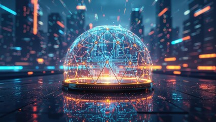Futuristic geodesic dome with glowing circuitry and data streams against a blurred cityscape backdrop