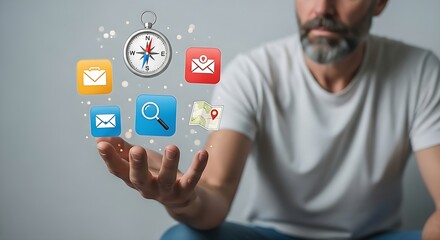 Person's hand holds mobile apps icons, compass, map, message symbols for social media, connection, communication concepts.