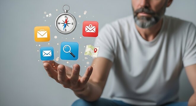 Person's hand holds mobile apps icons, compass, map, message symbols for social media, connection, communication concepts.