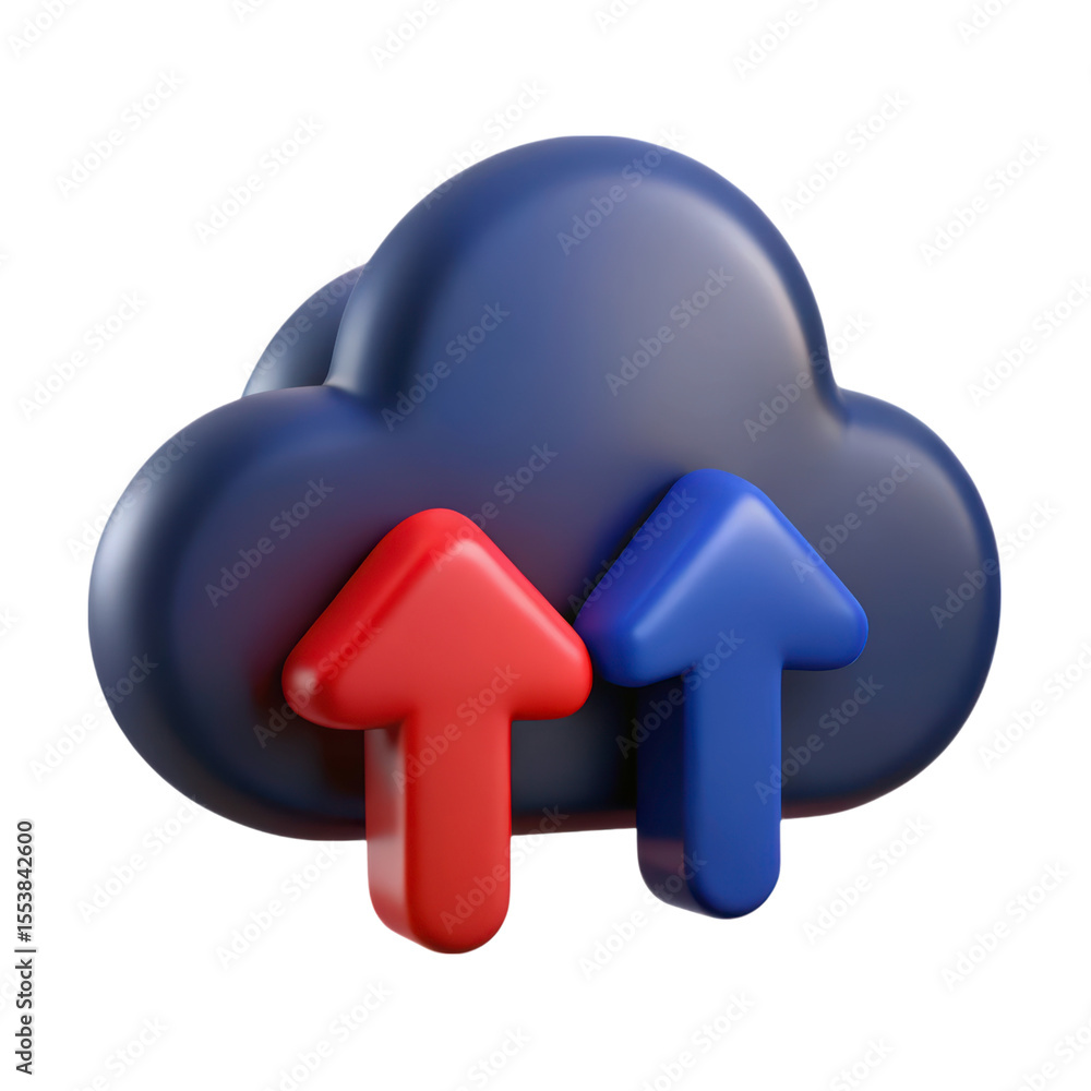 Poster cloud computing data upload with two arrows directional movement 3d rendering icon isolated on white