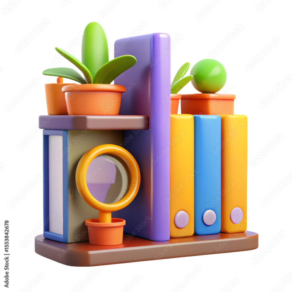 Poster colorful 3d rendering icon of bookshelf with plants magnifier and decorative elements on background