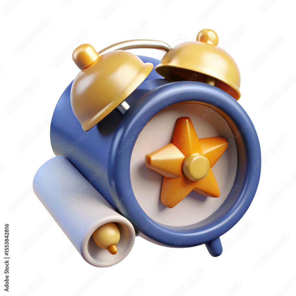 Poster cute alarm clock design with star element 3d rendering icon isolated on white background