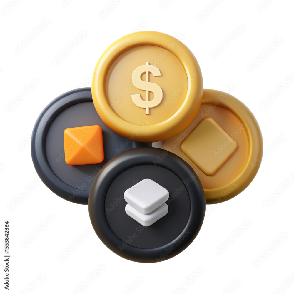 Poster dollar coin and cryptocurrency tokens modern 3d rendering icon isolated on white background composit
