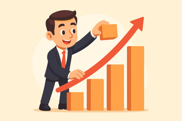 Businessman building company growth graph, a metaphor for success and development. Manager creating a rising arrow chart symbolizes financial progress, profit, and strategic investment.