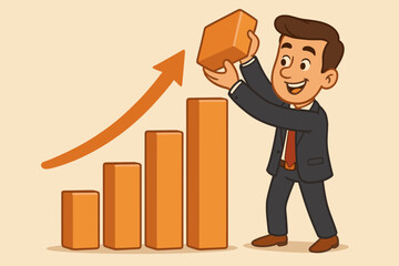 Businessman building a company growth graph with a rising arrow. Business success and development concept. Man constructing a bar chart symbolizing investment, profit, and progress.