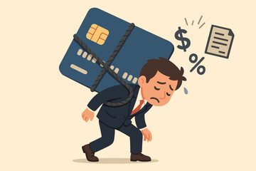 Financial problems concept. Stressed businessman carrying a heavy credit card. Metaphor for debt burden, loan obligations, bankruptcy, high interest rates, and payment crisis.
