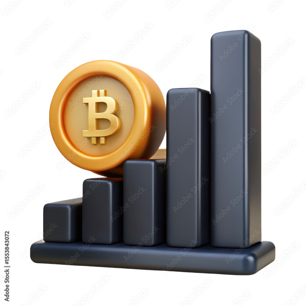 Poster gold bitcoin coin on rising bar graph 3d rendering icon isolated on background