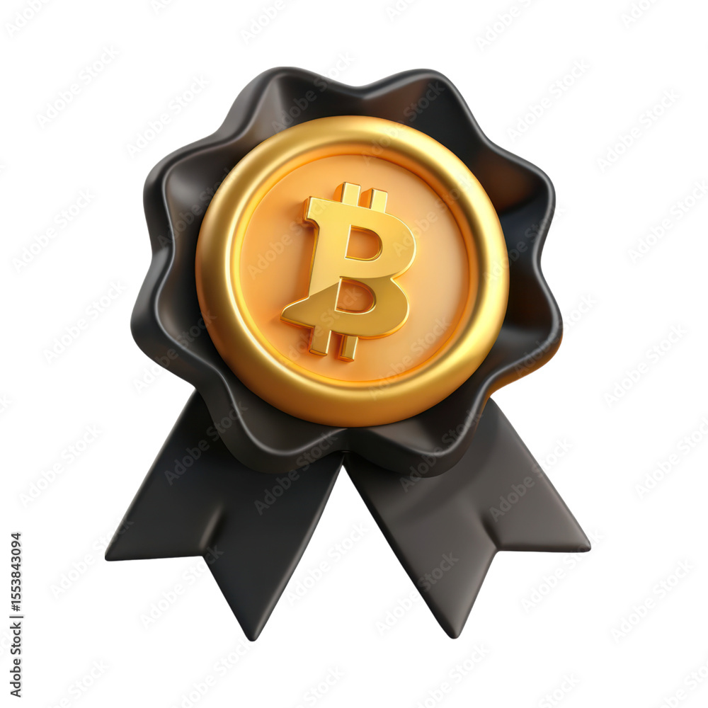 Poster golden bitcoin badge with ribbon 3d rendering icon isolated on white background cryptocurrency desig