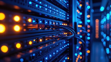 Close up view of a server rack with glowing blue and orange indicator lights and bundled network cables