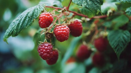 Close-up shot of ripe raspberries growing on bush in garden