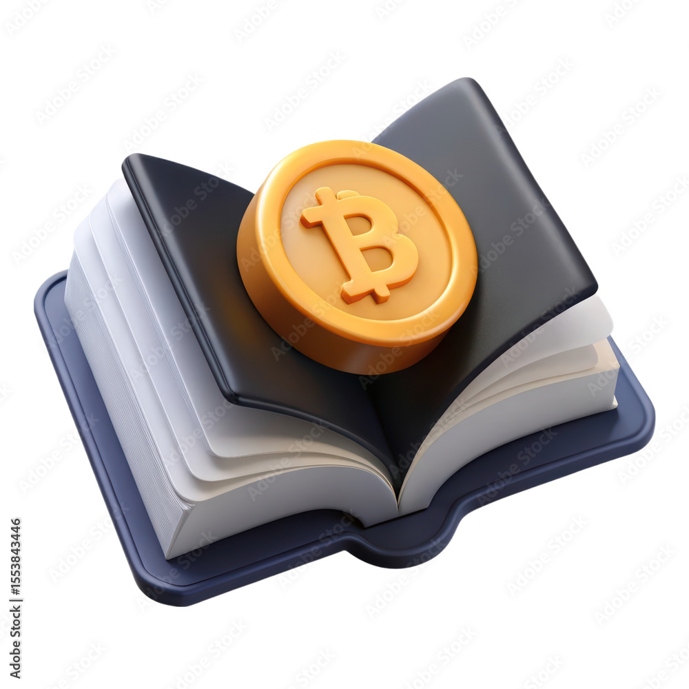 Aufkleber learning bitcoin concepts golden bitcoin coin on open book background 3d rendering icon solated on w
