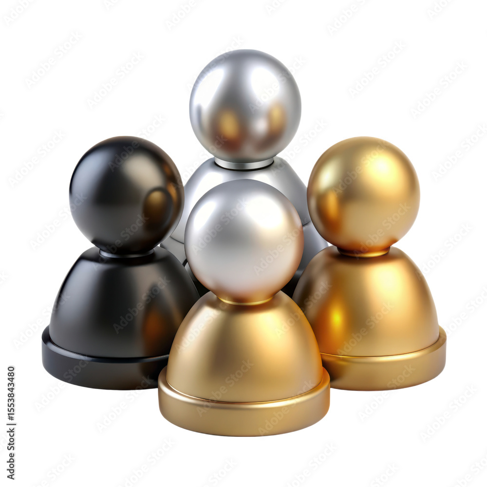 Aufkleber metallic abstract figures 3d rendering teamwork unity diversity standing out isolated on white backg
