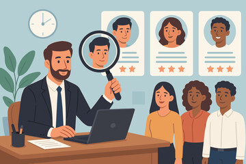 Fototapeta premium HR manager with magnifying glass hiring new employee. Recruitment concept with diverse candidates and CV profiles. Talent acquisition, human resources, and job search vector illustration.