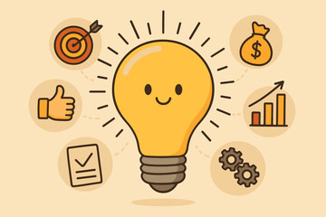 Light bulb idea concept for business success and growth. Cartoon vector with icons for strategy, finance, goals, and planning. Metaphor for innovation, solutions, and inspiration.