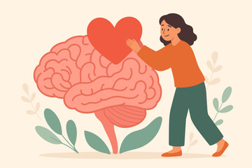 Mental health awareness, woman placing heart on brain, compassion, empathy, psychological well-being, emotional support, self care, mind and heart connection, mental wellness concept illustration