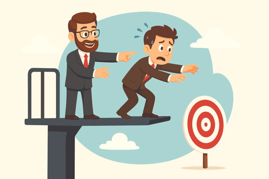 Business mentor pushing anxious businessman off diving board toward target. Risk taking, leadership, motivation, achieving goals, business challenge, guidance, cartoon vector illustration
