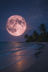 Pink full moon rising over a tropical beach at night, reflecting on calm waves under a starry sky with palm trees in silhouette. Dreamlike, serene and romantic landscape.