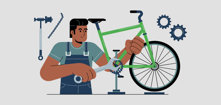 bicycle mechanic tuning up a bike , vector illustration for cycle maintenance, professional repair service and active transport
