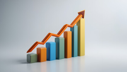 Colorful bar graph with an orange arrow pointing upwards on a white background showing growth trend