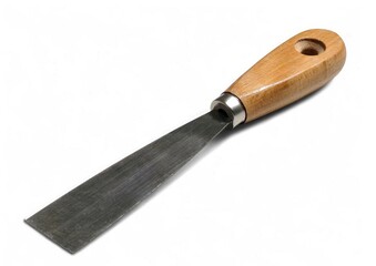 Photo of a painter's putty knife with a wooden handle and flat metal blade, ideal for spreading, scraping, and smoothing putty or paint in painting and surface preparation tasks.