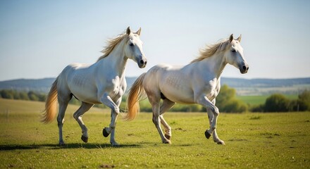 Obraz premium Two majestic white horses gallop across a sunlit green field, enjoying freedom.
