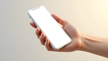 Smartphone mockup in hand with white screen for app design, neutral blurred background