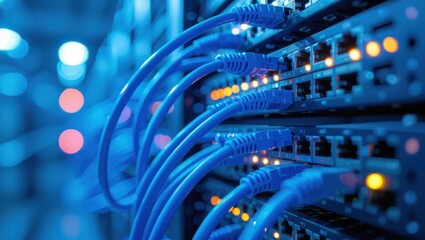 Vibrant blue network cables connect to server rack ports with blurry bokeh lights in the background