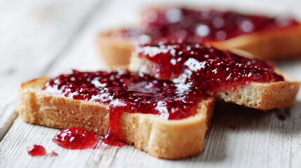 Jam-covered toast on white wooden table shown in close detail