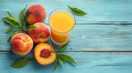 Juicy peaches and glass of peach juice on blue wood background, flat lay