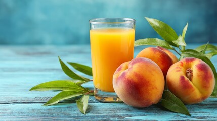 Juicy peaches and glass of peach juice on blue wood background, flat lay