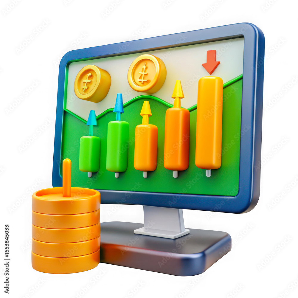 Poster 3d financial trading chart with coins and stacked currency isolated on transparent background