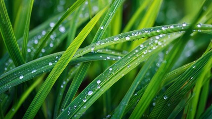 Fototapeta premium Morning dew on green blades of spring grass, shown up close