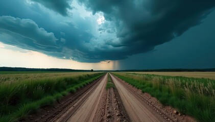 Dark storm clouds loom over a rutted dirt road ,  adventure,  nature