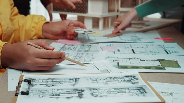 A vibrant scene capturing young architects engaged in a collaborative design workshop, focusing on blueprints and models to foster creativity and teamwork. SACTR