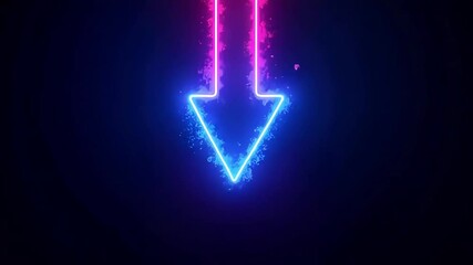 A glowing neon arrow points downwards with a vibrant pink and blue color scheme on a dark background - Powered by Adobe