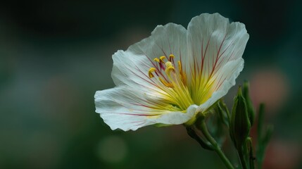 Fototapeta premium Close-up of a delicate white flower with reddish-pink veins.