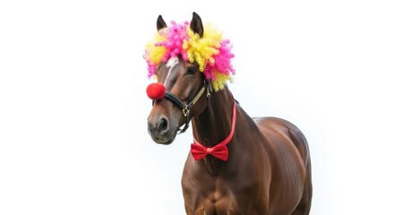 A horse dressed as a clown with a colorful wig, red nose, and bow tie. Humorous and surreal animal portrait on white background