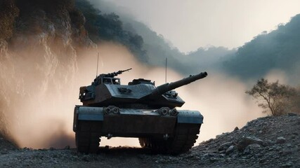 Military unknown tank driving through dusty mountain pass. Powerful armored vehicle traversing rugged terrain. Cinematic military scene perfect for action movie trailer 